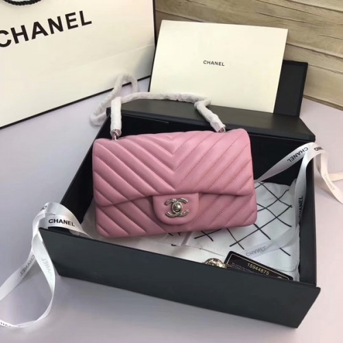 Bolsos con solapa clásica de Chanel Cuero de piel de oveja original rosa claro 1116 Plata