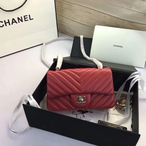 Chanel Classic Flap Bolsos Rojo Original Cuero de piel de oveja 1116 Plata