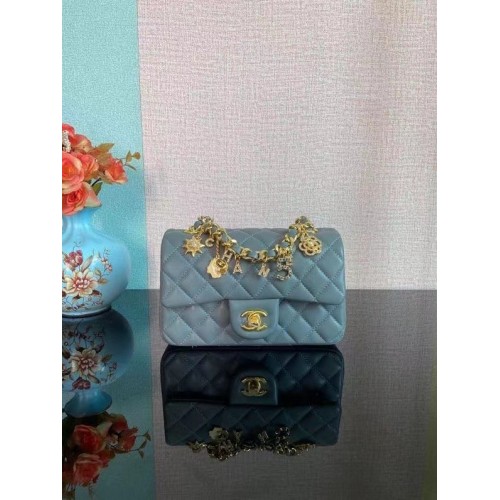 Chanel Classic Flap Shoulder Bag Original piel de oveja AS2326 azul