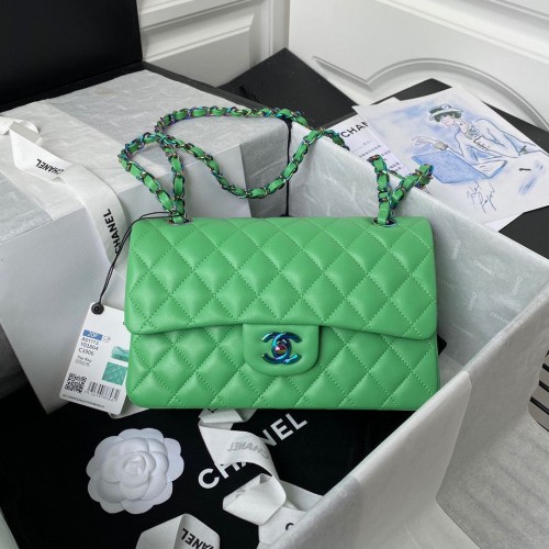 Chanel Classic Flap Shoulder Bag Original Piel de oveja Colores Hebilla Mediana A01113 Verde y azul