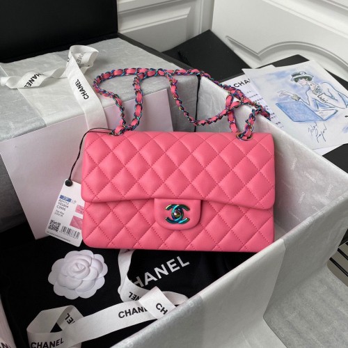 Chanel Classic Flap Shoulder Bag Original Piel de oveja Colores Hebilla Mediana A01113 Rose&Yellow