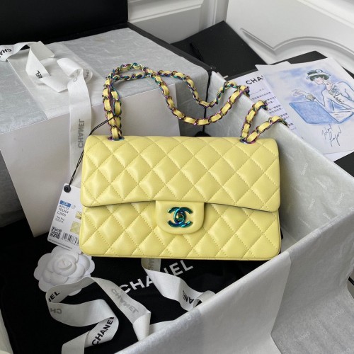 Chanel Classic Flap Shoulder Bag Original Piel de oveja Colores Hebilla Mediana A01113 Amarillo y azul