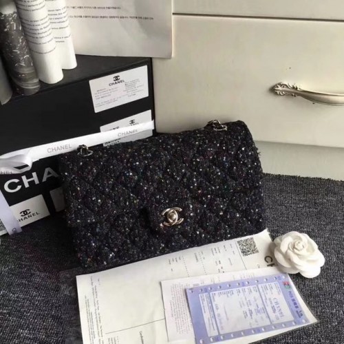 Chanel Classic Bolso bordado Tweed Silver-Tone Metal A01112 Negro