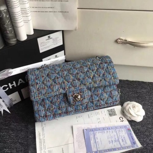 Chanel Classic Bolso bordado Tweed Silver-Tone Metal A01112 azul