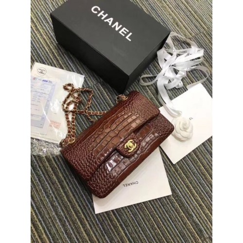 Chanel Bolso Clásico Original Cocodrilo Metal Dorado A01112 Borgoña