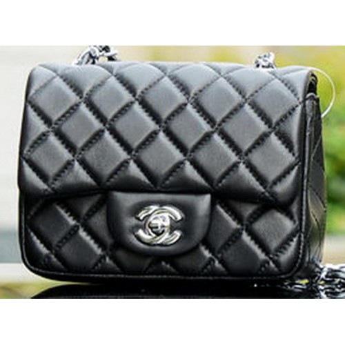 Chanel Classic MINI Flap Bag Piel de oveja negra A37585 Plata
