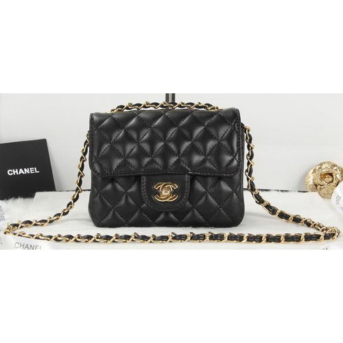 Chanel Classic MINI Flap Bag Cuero de piel de oveja negro A1115 Oro