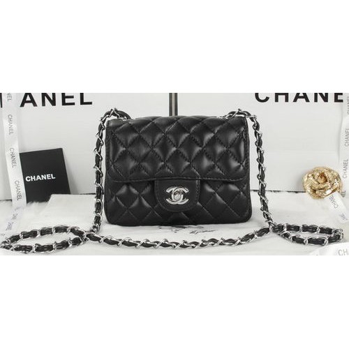 Chanel Classic MINI Flap Bag Cuero de piel de oveja negro A1115 Plata