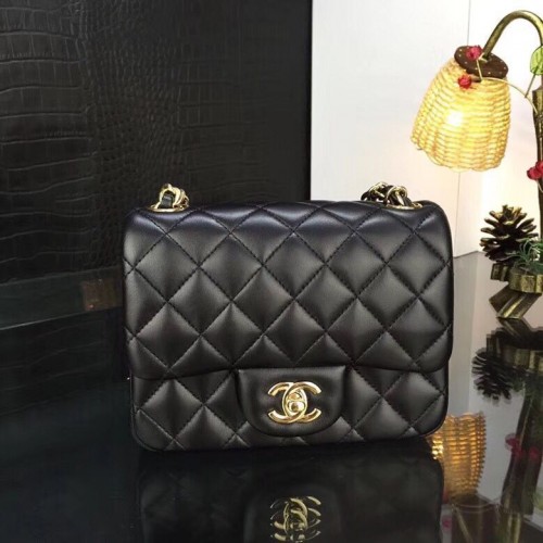 Chanel Classic MINI Flap Bag Cuero de piel de oveja original A1115 Cadena de oro negro