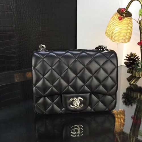 Chanel Classic MINI Flap Bag Cuero de piel de oveja original A1115 Cadena de plata negra