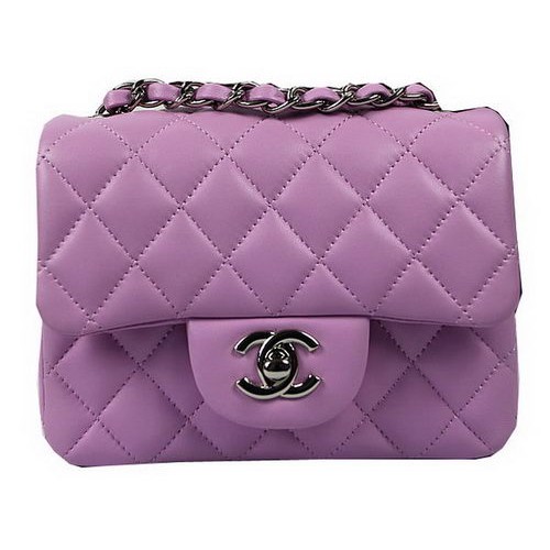 Chanel Classic MINI Flap Bag Púrpura Original Piel de Oveja CF1115 Plata