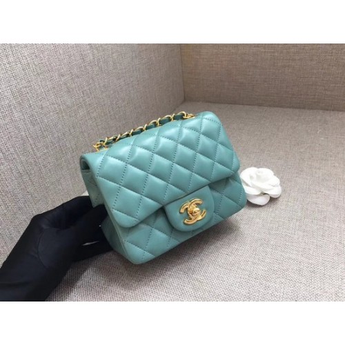 Chanel Classic MINI Flap Bag original Piel de oveja A1115 Cadena de oro azul claro