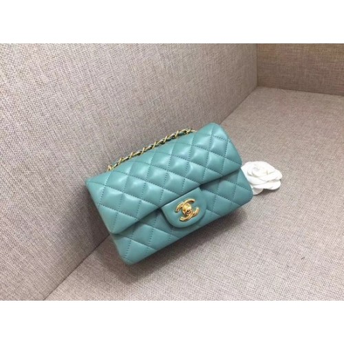Chanel Classic MINI Flap Bag original Piel de oveja A1116 Cadena de oro azul claro