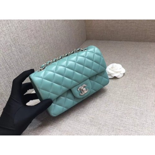 Chanel Classic MINI Flap Bag original Piel de oveja A1116 Cadena de plata azul claro