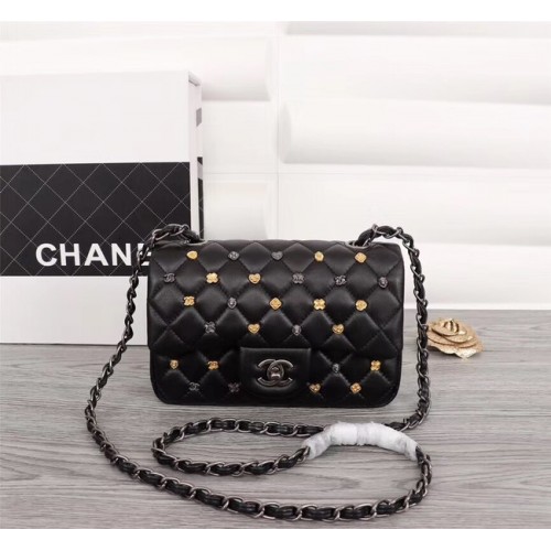 Bolso bandolera Chanel Classic Sheepskin Leather A1116 negro plateado-Metal