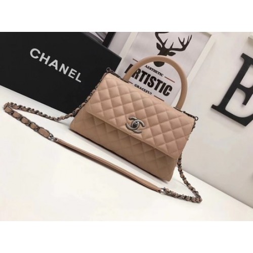 Chanel Bolso clásico con asa superior Albaricoque Cuero original A92991 Plata