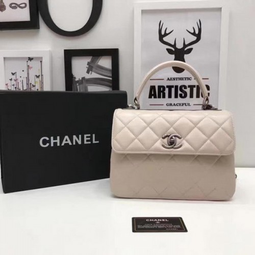 Chanel Classic Top Handle Bag Apricot Sheepskin Leather A92991 Plata
