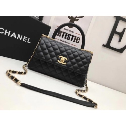 Chanel Bolso clásico con asa superior Negro Cuero original A92991 Oro