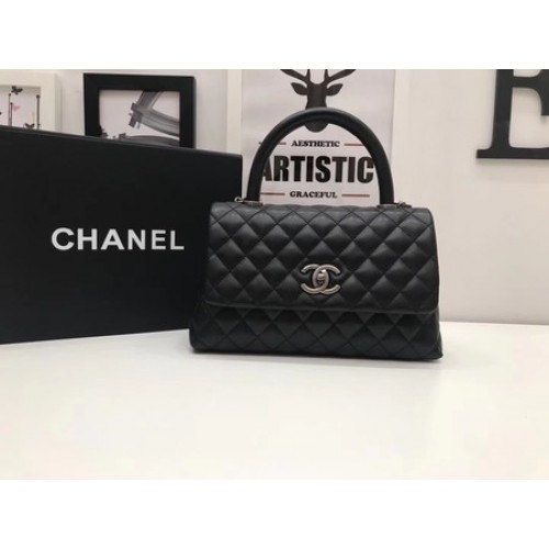Chanel Bolso clásico con asa superior Negro Cuero original A92991 Plata