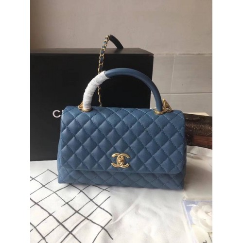 Chanel Bolso clásico con asa superior Azul Cuero original A92292 Dorado