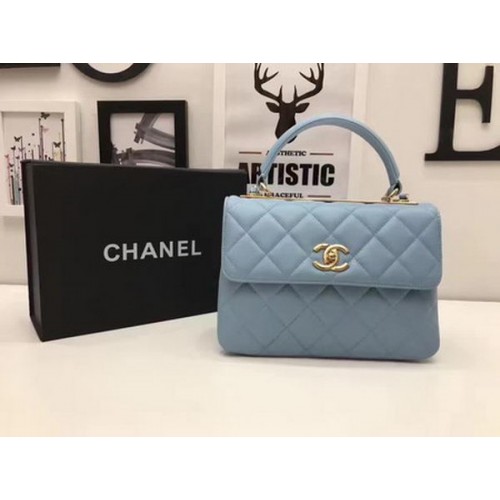 Chanel Bolso clásico con asa superior Cuero de piel de oveja azul A92991 Oro