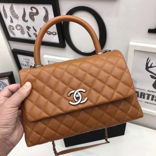 Chanel Bolso clásico con asa superior Marrón Cuero original A92991 Plata