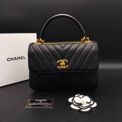 Chanel Classic Top Handle Bag Chevron Sheepskin Leather CHA2371 Negro