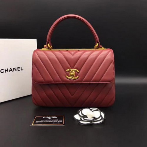 Chanel Classic Top Handle Bag Chevron Sheepskin Leather CHA2371 Rojo