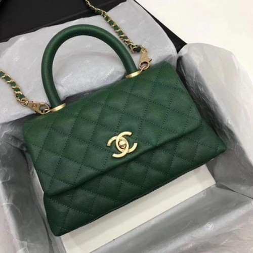 Chanel Classic Top Handle Bag Green Cannage Pattern A92290 Oro