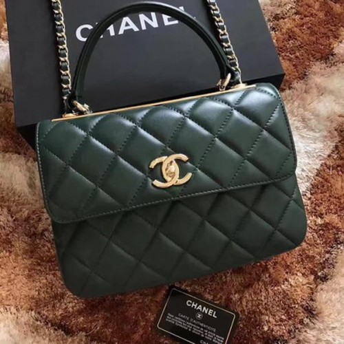Chanel Bolso clásico con asa superior Cuero de piel de oveja verde A92991 Oro