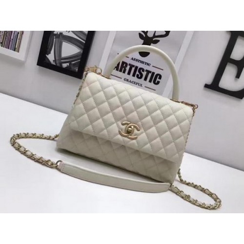 Chanel Classic Top Handle Bag OffWhite Cuero de piel de oveja A92991 Oro