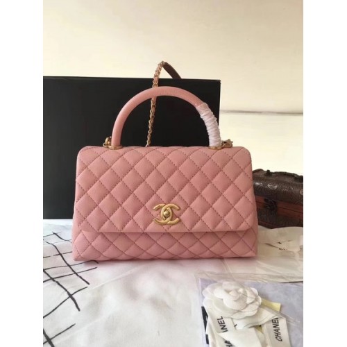 Chanel Bolso clásico con asa superior Rosa Cuero original A92292 Oro