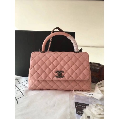Chanel Bolso clásico con asa superior Rosa Cuero original A92292 Plata