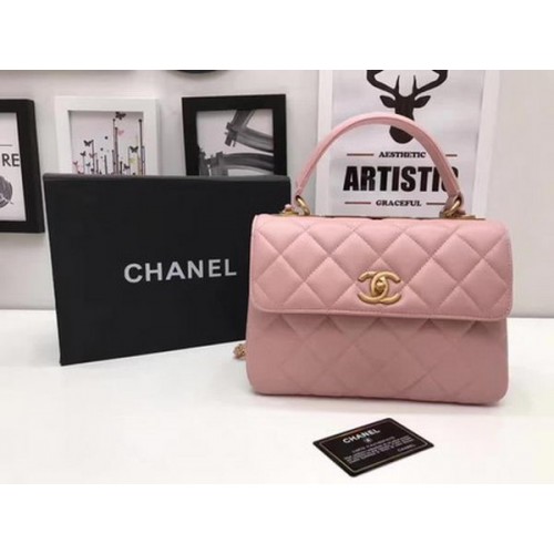 Chanel Bolso clásico con asa superior Cuero de piel de oveja rosa A92991 Oro