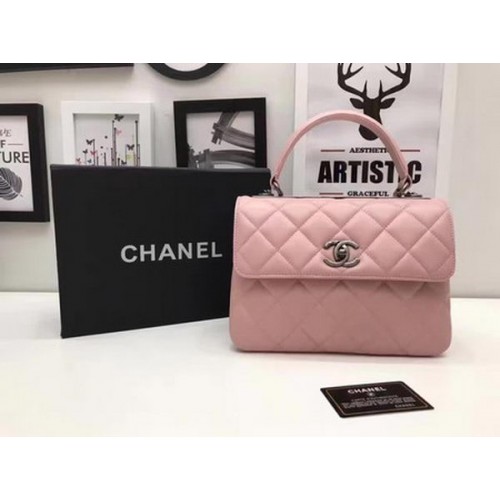 Chanel Bolso clásico con asa superior Piel de oveja rosa A92991 Plata