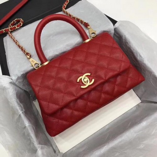 Chanel Classic Top Handle Bag Red Cannage Pattern A92290 Oro