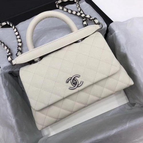 Chanel Classic Top Handle Bag White Cannage Pattern A92290 Plata