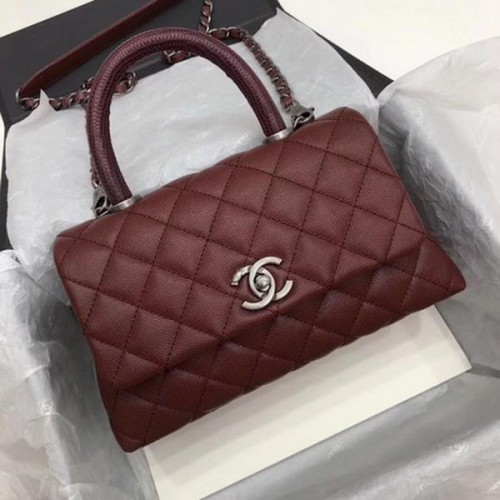 Chanel Classic Top Handle Bag Wine Cannage Patrón A92290 Plata