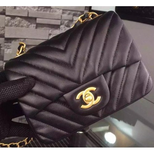 Chanel Classic mini bolso con solapa Black Chevron Sheepskin Leather A68748 Gold