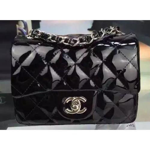 Chanel Classic Mini Flap Bag Negro Original Charol CF7171 Plata