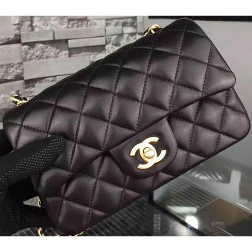 Chanel Classic mini bolso con solapa Piel de oveja negra A67350 Oro