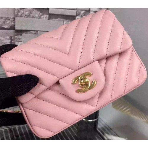 Chanel Classic mini Flap Bag Chevron Piel de oveja A68748 Rosa