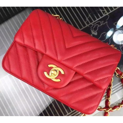 Chanel Classic mini Flap Bag Chevron Sheepskin Leather A68748 Rojo