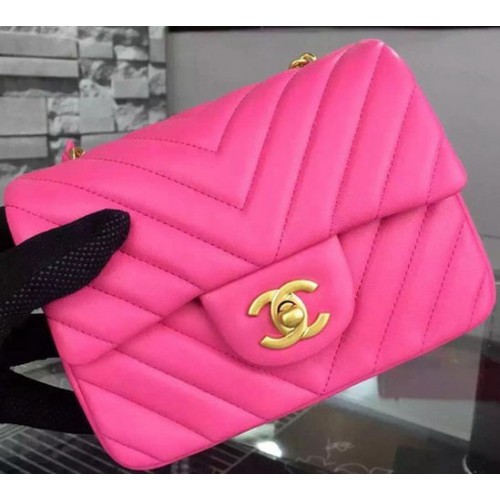 Chanel Classic mini bolso con solapa Chevron Piel de oveja A68748 Rosa