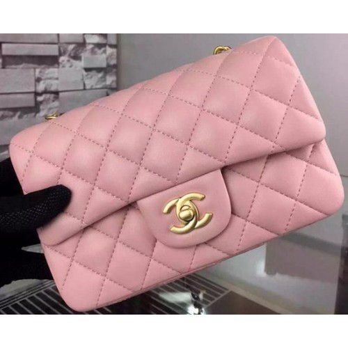 Chanel Classic mini Bolso con solapa Piel de oveja rosa A67350 Oro