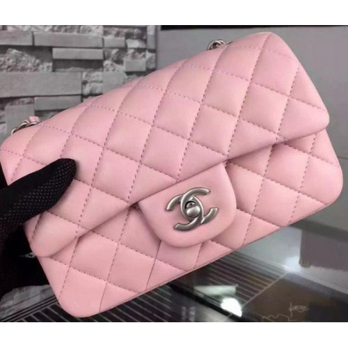Chanel Classic mini Bolso con solapa Piel de oveja rosa A67350 Plata