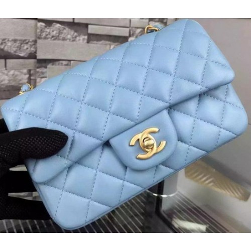 Chanel Classic mini Flap Bag SkyBlue Piel de oveja Cuero A67350 Oro