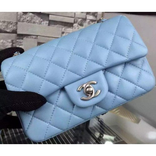 Chanel Classic mini Flap Bag SkyBlue piel de oveja cuero A67350 Plata