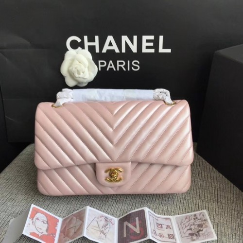 Bolso de hombro Chanel Classic original de piel de oveja 1112V cadena de oro rosa