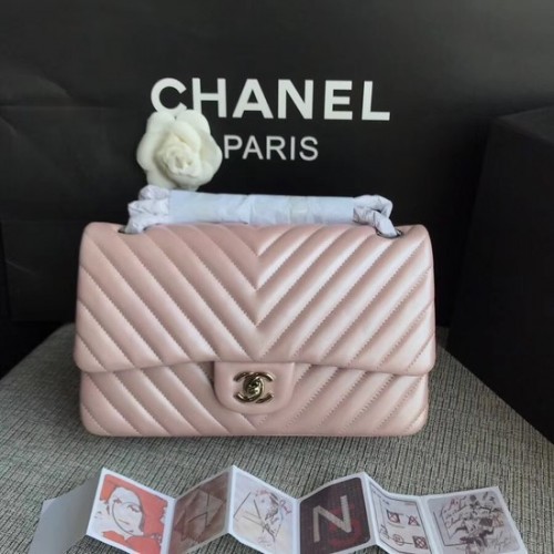 Bolso de hombro de piel de oveja original Chanel Classic 1112V cadena de plata rosa